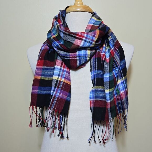 Polo Ralph Lauren Unisex Plaid Cotton Scarf Fringe Multicolor Preppy Academia - Picture 1 of 11